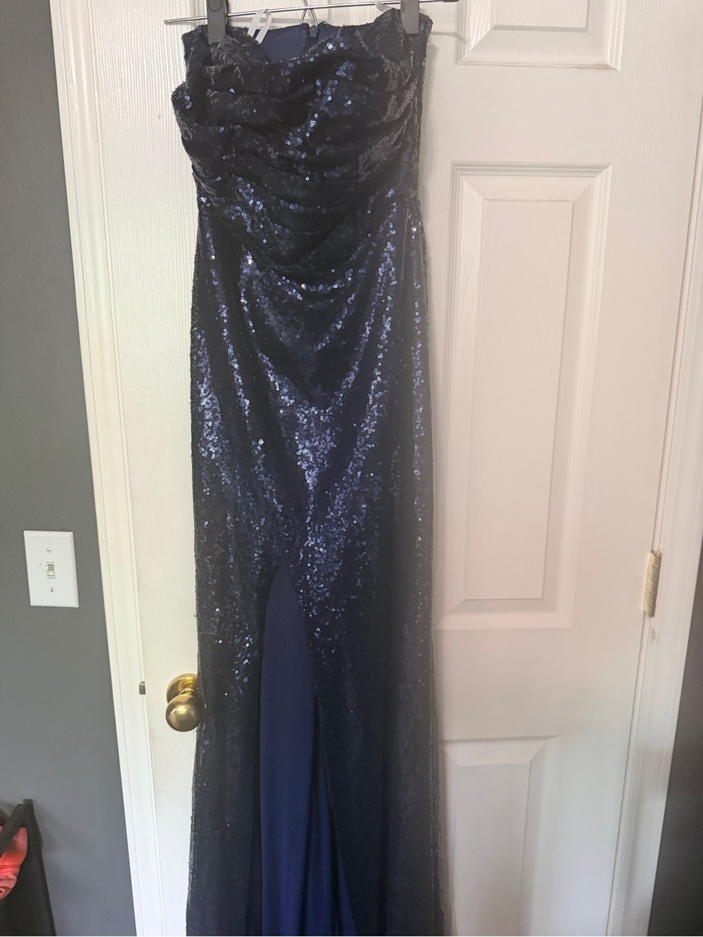 Strapless Navy Sequin Evening Gown